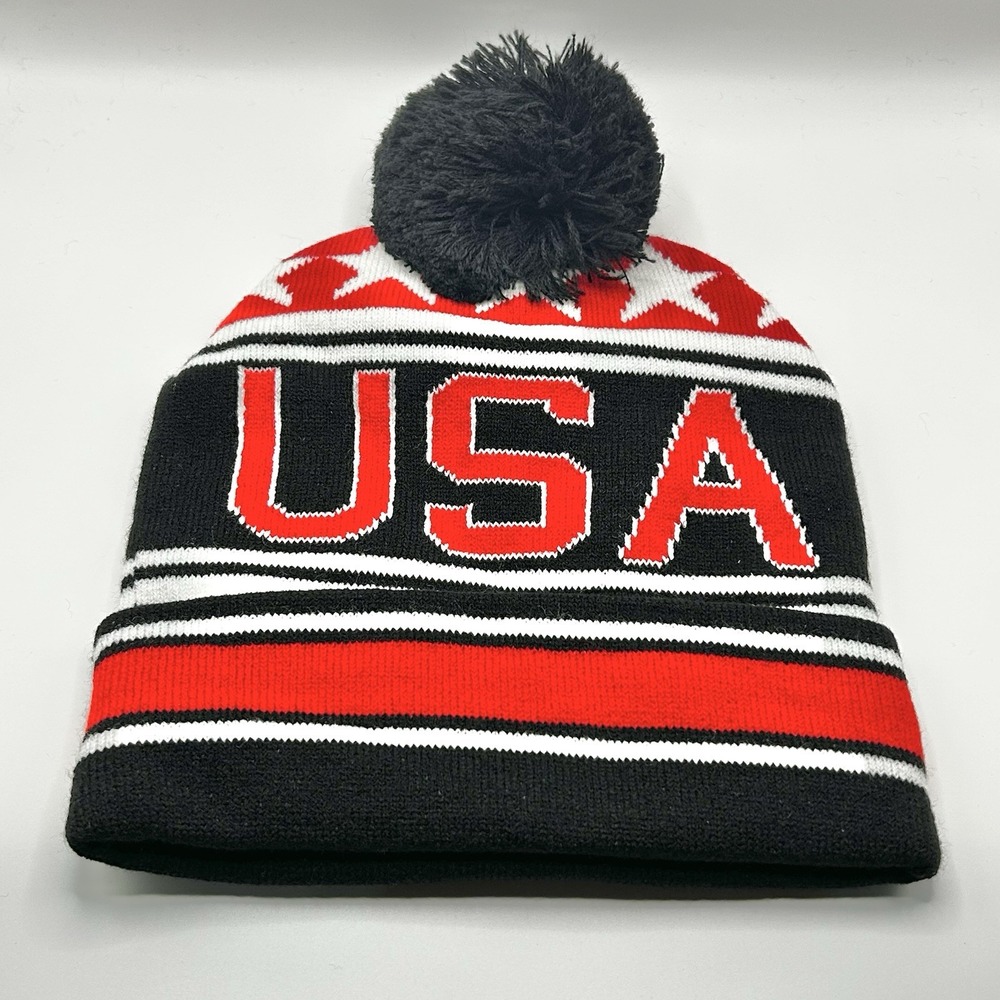 USA United States of America Stars Stripes Beanie Hat Cap Pom Cuff Knit Blue